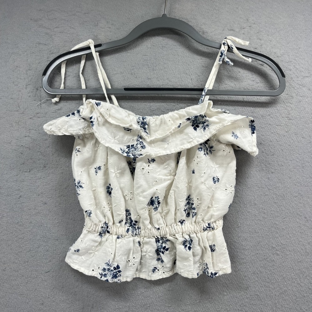 American Eagle Eyelet Crop Top Womens XS White Blue Floral Ruffle Tie Strap Boho